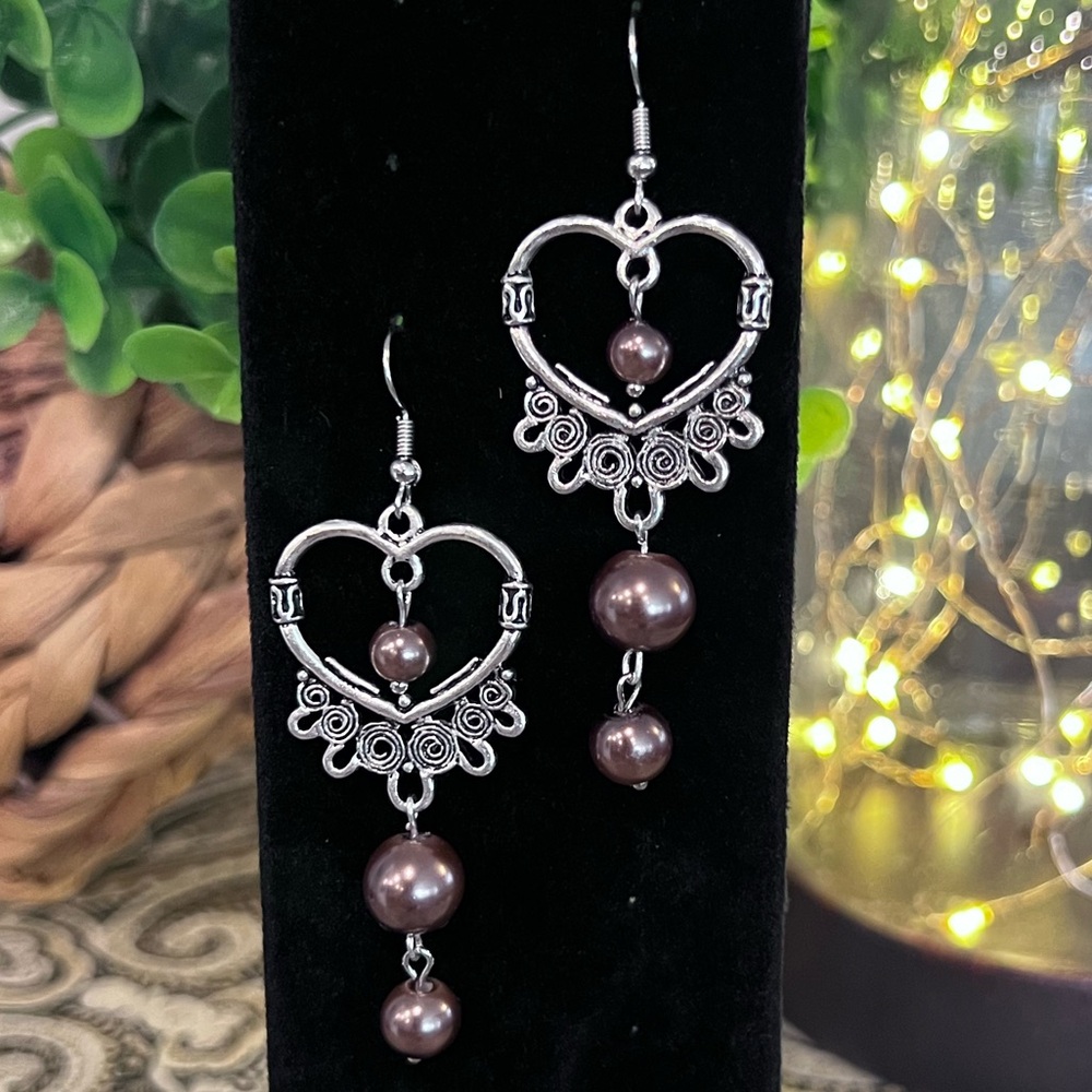 NWOT - Elegant Silver and Brown Faux Pearl Heart Earrings